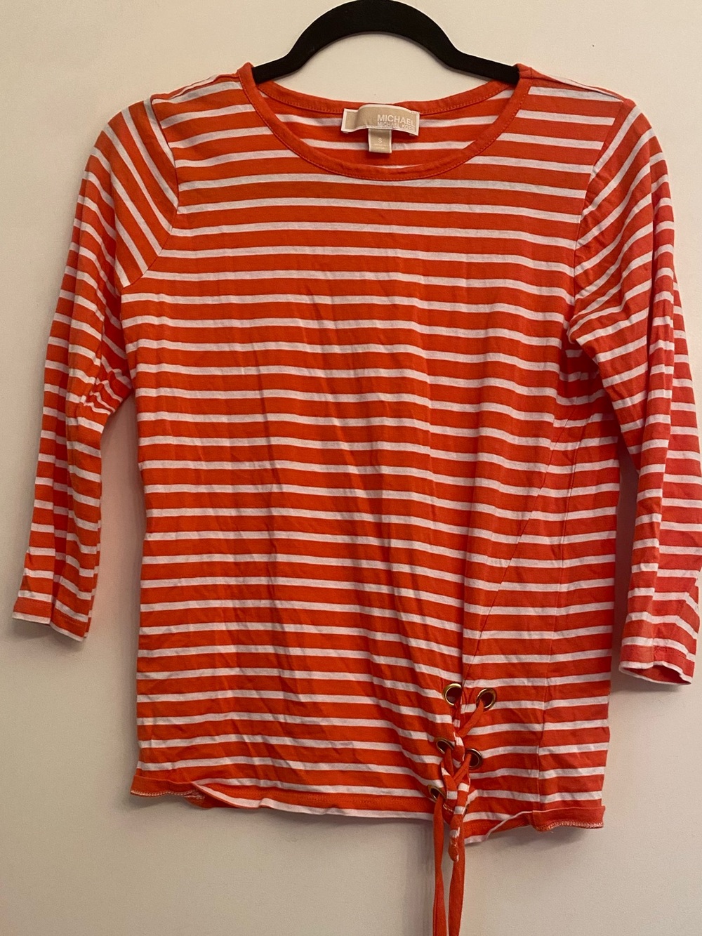Michael Kors Coral & White Striped Tie-Hem Long Sleeve Top